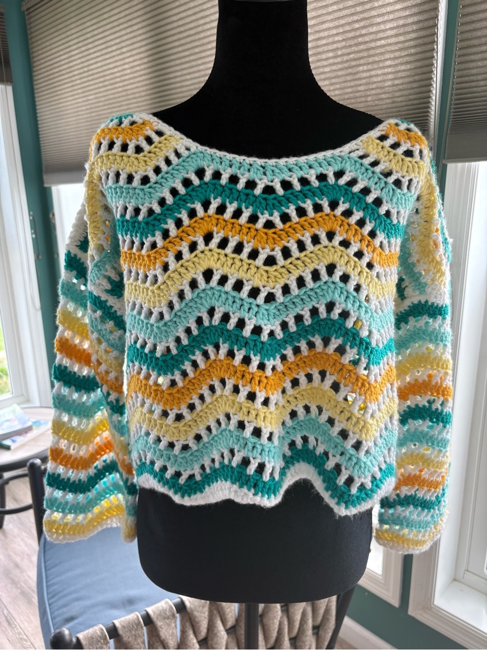 Women's Handmade Crochet Wave Sweater in White, Teal & Yellow